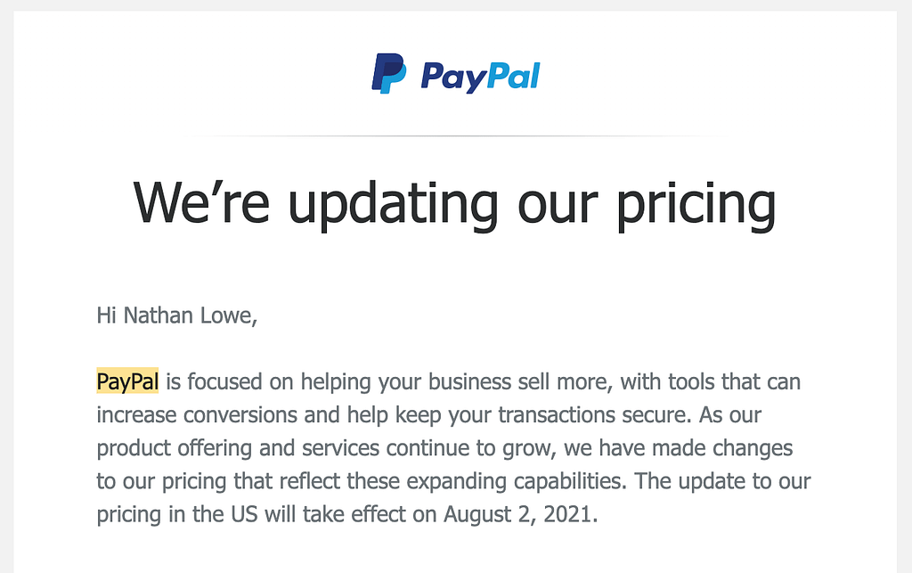 PayPal Price Increase Screenshot